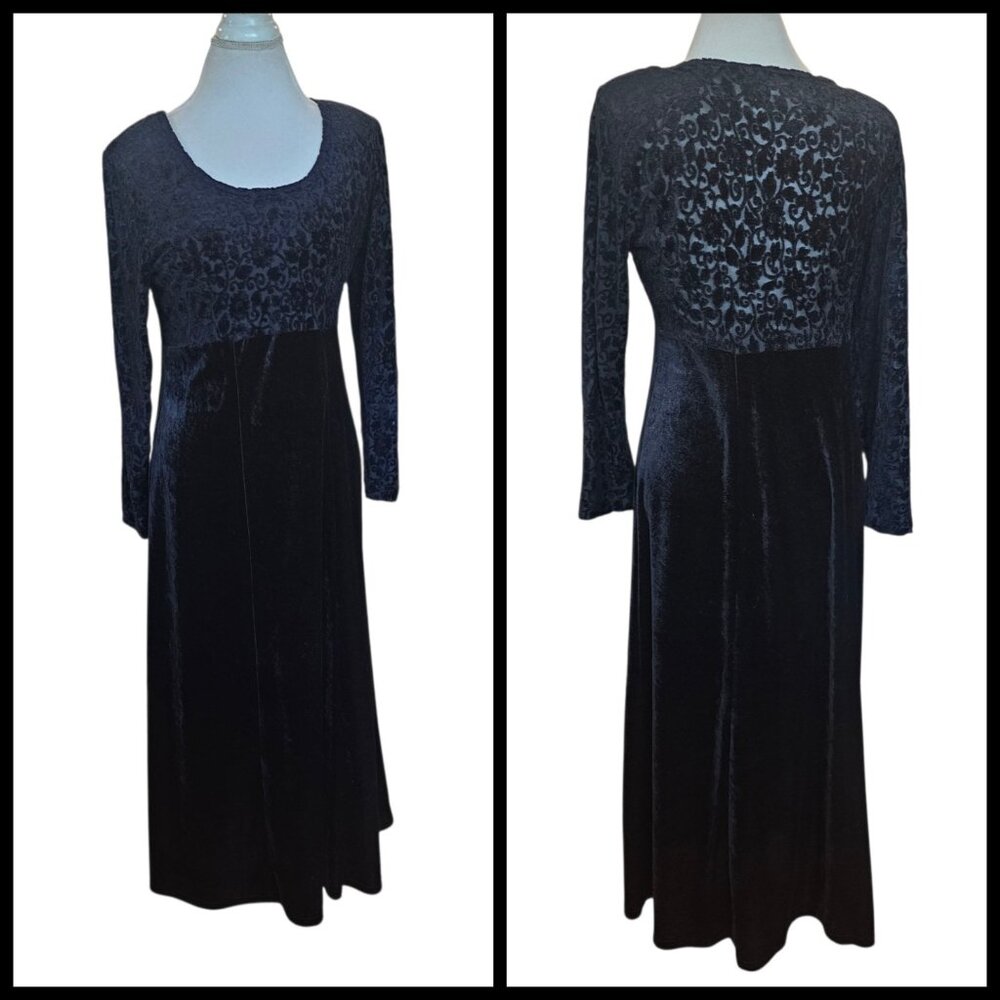 VTG 90s Black Velvet Long Dress Midi‎ To Maxi Longsleeve Gothic Sz L Stretchy